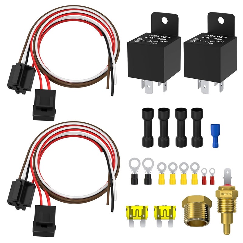 Joinfworld Dual Electric Fan Relay Kit Radiator Cooling Fan Thermostat Kit, 185°F On/175°F Off Temperature Switch, 40 AMP Waterproof Relay with Fan Mounting Kit for Car - Image 1